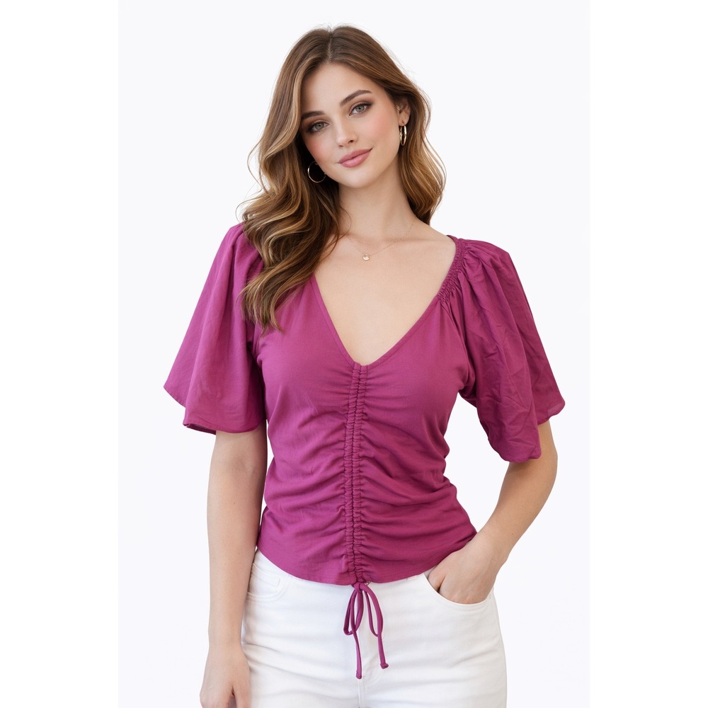 Maeve by‎ Anthropologie Womens Purple Cinched Blouse Sz Medium Romantic Boho Top